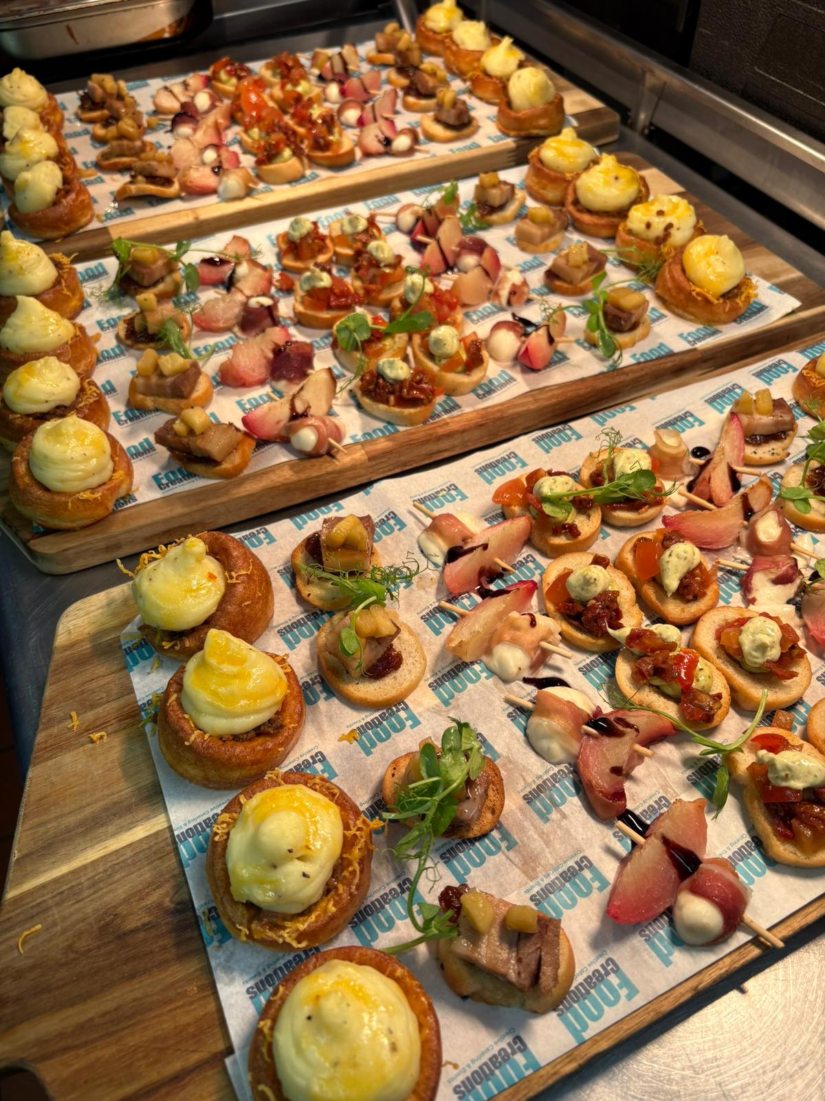 Corporate catering spread of mini canapé's.