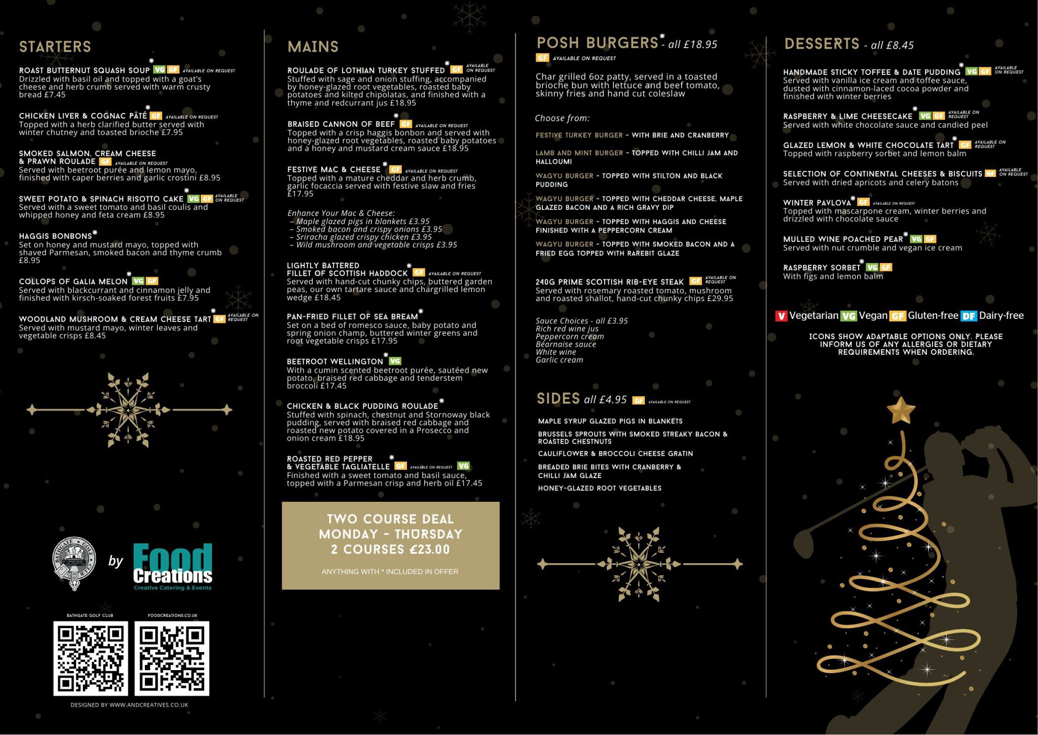 Bathgate Golf Club 2026 Festive Menu – starters, mains, burgers, grill, sides and desserts